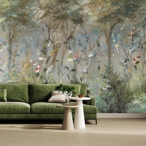 Tree and Flower Mural, Hand Painted Mural, Peel & Stick Wallpaper, Scenic Mural, Romantic Mural, Botanical Wall Art