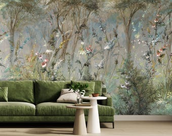 Tree and Flower Mural, Hand Painted Mural, Peel & Stick Wallpaper, Scenic Mural, Romantic Mural, Botanical Wall Art