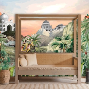 India Mural, Peel & Stick and Traditional Wallpaper, Collage Mural, Tropical Mural, Vintage Mural, Scenic Mural, Designer Elephant Wallpaper