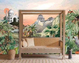 India Mural, Peel & Stick and Traditional Wallpaper, Collage Mural, Tropical Mural, Vintage Mural, Scenic Mural, Designer Elephant Wallpaper