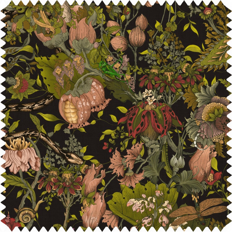 Elysian Botanical Fabric, Designer Fabric, Velvet Fabric | Material, Organic | Waterproof Canvas Fabric, Floral | Snake | Moth Fabric image 1