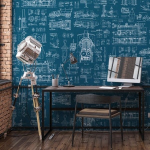 Blueprint Wallpaper, Peel & Stick and Traditional Wallpaper, Office Wallpaper, Topical Mural, Mechanical Wallpaper, Car Wallpaper image 1