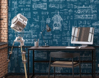 Blueprint Wallpaper, Peel & Stick and Traditional Wallpaper, Office Wallpaper, Topical Mural, Mechanical Wallpaper, Car Wallpaper