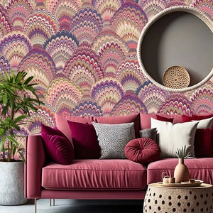 Marmorierte Feder-Tapete, Peel & Stick und Traditionelle Tapete, Marmorierung aus Tinte, Designer-Tapete, Wandbild, Abnehmbare Tapete, Viva Magenta