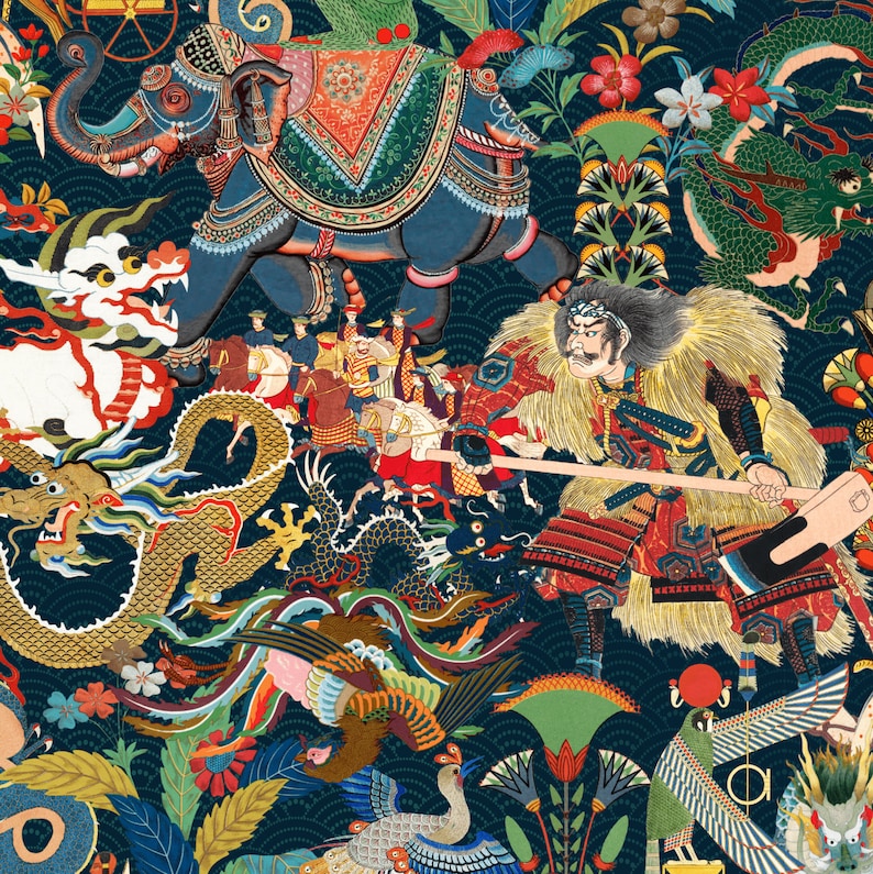May include: A colorful and intricate illustration featuring a blue elephant adorned with ornate patterns, a golden dragon, and a warrior figure in red and gold armor. The background is a vibrant mix of floral motifs and swirling patterns.
