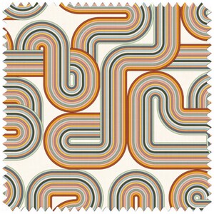 May include: A colourful abstract pattern with curved lines in shades of orange, yellow, green, blue, and pink on a white background.