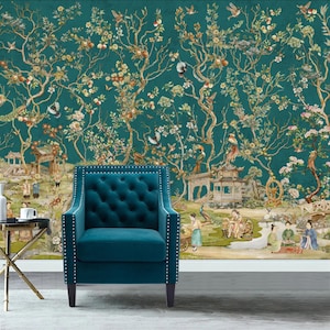 Chinoiserie Mural, Crane Wallpaper, Oriental Wallpaper, Designer Wallpaper, Peacock Wallpaper, Wide Mural, Birds, Flowers, Pagodas