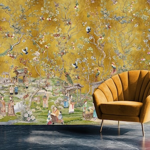 Murale Chinoiserie Oro, Carta da Parati Gru, Carta da Parati Orientale, Carta da Parati di Design, Carta da Parati Pavone, Murale Ampio, Uccelli, Fiori, Pagode