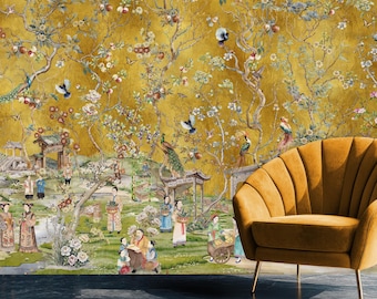 Gold Chinoiserie Mural, Crane Wallpaper, Oriental Wallpaper, Designer Wallpaper, Peacock Wallpaper, Wide Mural, Birds, Flowers, Pagodas