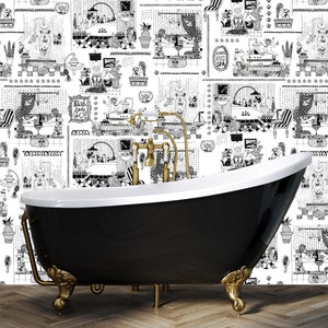 May include: Black and white patterned wallpaper with a black and gold bathtub in the foreground. The wallpaper features a repeating pattern of people bathing, showering, and relaxing in a spa setting. The text "Wash and Go!" and "Now We Need Spa" are visible on the wallpaper.