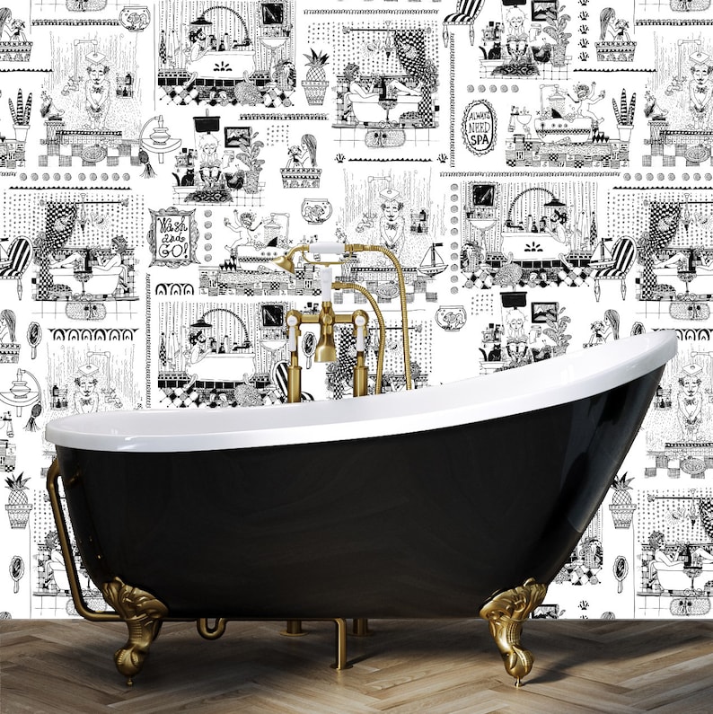 May include: Black and white patterned wallpaper with a black and gold bathtub in the foreground. The wallpaper features a repeating pattern of people bathing, showering, and relaxing in a spa setting. The text "Wash and Go!" and "Now We Need Spa" are visible on the wallpaper.