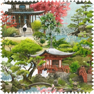 Japanese Garden Fabric, Oriental Fabric, Crane Fabric, Designer Fabric, Vintage Velvet Fabric, Cherry Blossom Fabric, Trees Fabric