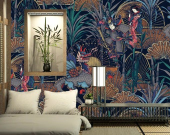 Japanese Geisha Wallpaper, Samurai Dragon Rattan, Peel & Stick Mural
