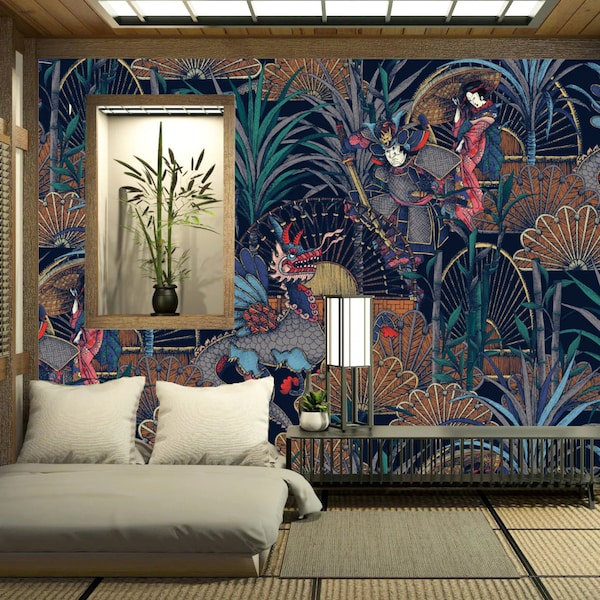 Japanese Rattan Wallpaper, Peel & Stick Wallpaper, Japanese Geisha Wallpaper, Dragon | Samurai Wallpaper, Chinoiserie, Oriental Wallpaper