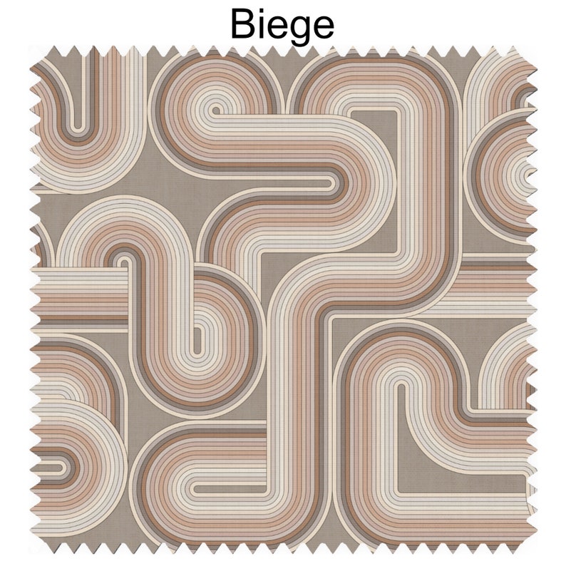 May include: Beige fabric with a repeating pattern of overlapping, curved lines in shades of brown, beige, and cream.