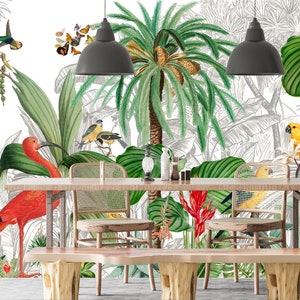 May include: A dining room with a tropical mural featuring a red ibis, yellow parrots, and palm trees. The mural is behind a wooden table with two chairs and a bench.