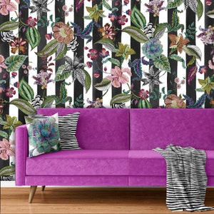 Papier peint floral à rayures, papier peint autocollant et papier peint traditionnel, papier peint peint à la main, papier peint floral amovible, papier peint maximaliste