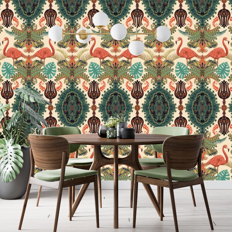 May include: A dining room with a patterned wallpaper featuring flamingos and floral designs. The room has a wooden table with four chairs and two small potted plants.