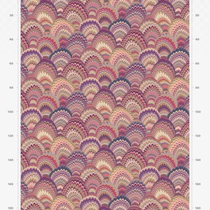 May include: A repeating pattern of colourful, overlapping, semi-circular shapes. The pattern is made up of shades of pink, red, purple, blue, and beige. The pattern is 140 cm wide and 200 cm tall.