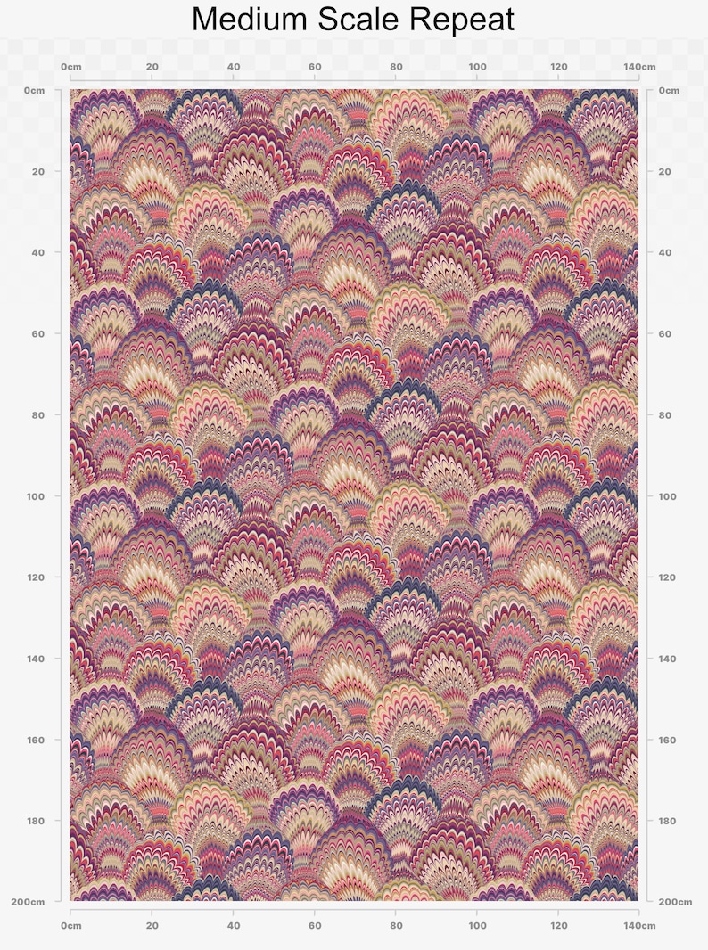 May include: A repeating pattern of colourful, overlapping, semi-circular shapes. The pattern is made up of shades of pink, red, purple, blue, and beige. The pattern is 140 cm wide and 200 cm tall.