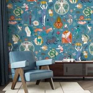 Antikes Griechenland Wallpaper Wandbild, Peel & Stick und Traditionelle Tapete, Statue Tapete, Bunte Tapete, Maximalistische Tapete