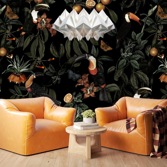 Treasure of Toucans Wallpaper, Tropical Wallpaper, Bird Wallpaper, Exotic Wallpaper, Peel & Stick Wallpaper, Sustainable Design, Orange