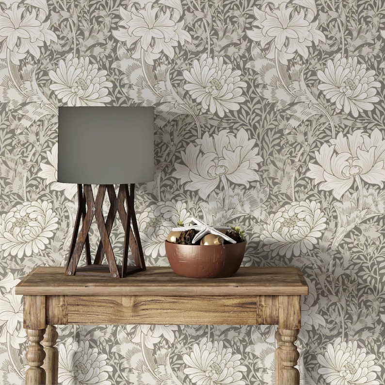 William Morris Chrysanthemum Toile Wallpaper, Peel & Stick and Traditional Wallpaper, Vintage Wallpaper, Art Nouveau Wallpaper, Removable image 1