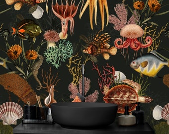 Fish Wallpaper Mural, Bathroom Wallpaper, Aquatic Wallpaper, Peel & Stick Wallpaper and Traditional Wallpaper, Removable Designer Wallpaper