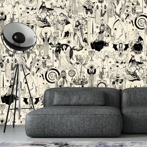 Mural de papel de parede de tarô, papel de parede removível e tradicional, papel de parede místico, papel de parede monocromático, papel de parede vintage