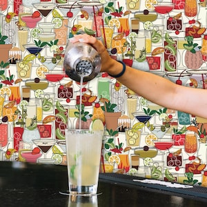 Carta da parati Cocktail Couture, carta da parati adesiva e tradizionale, decorazioni per bar, carta da parati rimovibile, carta da parati per sala giochi