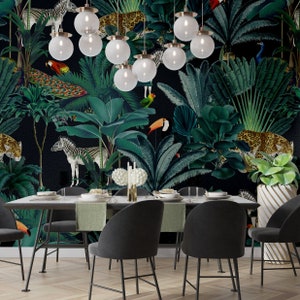 Royal Palms Wallpaper Mural, Peel & Stick and Traditional Wallpaper, Jungle Wallpaper, Leopard Wallpaper, Zebra Wallpaper, Tropical Mural