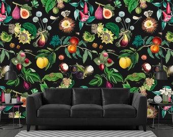 Obst und Flora Botanisches Wandbild, Schälen und Aufkleben und Traditionelle Tapete, Wandbild in Sondergröße, Botanische Vintage Tapete, Blumenobst-Wandbild