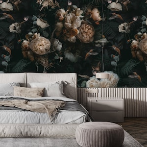 Carta da parati floreale scura, carta da parati Peel & Stick e tradizionale, carta da parati floreale Boho, decorazione murale per camera da letto con peonia personalizzata