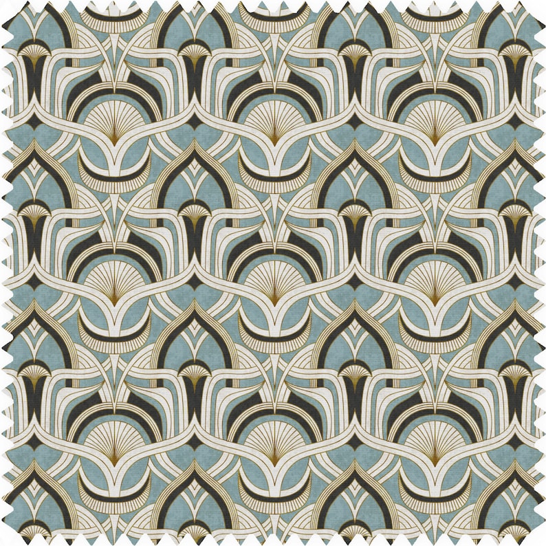 May include: A fabric swatch featuring a repeating Art Deco pattern. The design incorporates fan-like shapes in shades of teal, cream, black, and gold. The fabric has a textured appearance, suggesting a woven material, and is suitable for upholstery or decorative projects.