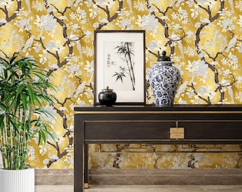 Papel pintado estilo chinoiserie autoadhesivo / Mural de papel pintado vintage con pájaros y flores / Papel pintado de color personalizado