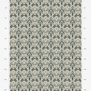 May include: A repeating pattern with a medium scale design. The pattern features a stylized floral or geometric motif in shades of blue, beige, black, and gold. The text "Medium Scale Repeat" is at the top of the image.