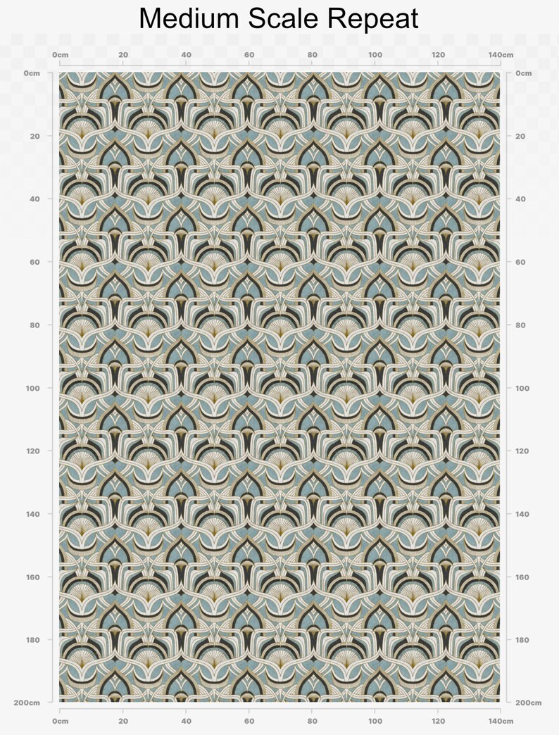 May include: A repeating pattern with a medium scale design. The pattern features a stylized floral or geometric motif in shades of blue, beige, black, and gold. The text "Medium Scale Repeat" is at the top of the image.