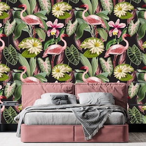 Vintage Flamingo Wallpaper, Peel & Stick and Traditional Wallpaper, Tropical Wallpaper, Custom Designer Wallpaper, Removable Wallpaper