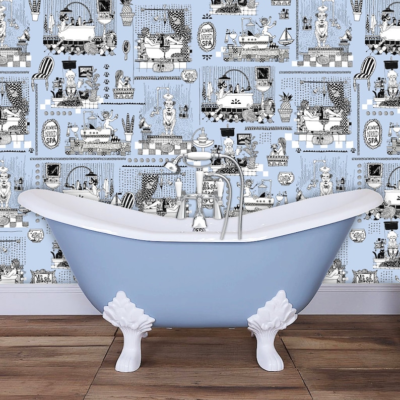 May include: A blue bathtub with white claw feet sits in front of a blue and white patterned wallpaper. The wallpaper features a repeating pattern of people taking baths and showering. The text "Always Need Spa" is repeated on the wallpaper.