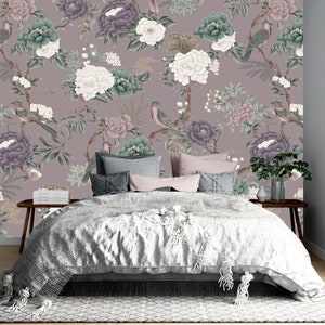 Gardenia Luxe Wallpaper, Peel & Stick and Traditional Wallpaper, Chinoiserie Wallpaper, Bird, Floral, Oriental, Designer Wallpaper