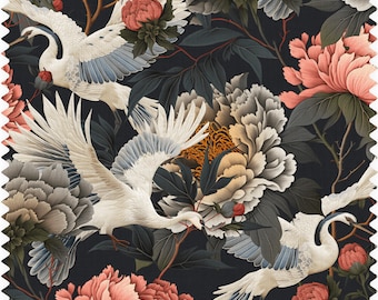 Crane Fabric, Peony Fabric, Upholstery Fabric, Velvet Fabric | Material, Organic | Waterproof Canvas Fabric, Chinoiserie Fabric