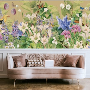 Summer Garden Mural, Peel & Stick and Traditional Wallpaper, Custom Size Mural, Floral Mural, Bird Wallpaper, Scenic Mural, Designer Mural