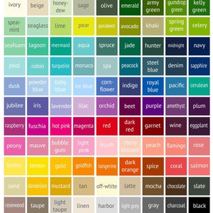 May include: A colour chart with 100 different colour swatches, each labelled with a name. The colours are arranged in a grid pattern, with each row representing a different colour family. The colour families include ivory, beige, honey-dew, sage, olive, emerald, army green, gumdrop green, kelly green, spear-mint, seaglass, lime, pear, parakeet, avocado, khaki, spring green, celery, seafoam, lagoon, mermaid, aqua, spruce, jade, hunter, midnight, navy, pool, robin, turquoise, monaco, spa, peacock, steel blue, denim, sapphire, dusk, powder blue, baby blue, ice blue, corn-flower, indigo, royal blue, pacific, cerulean, jubilee, iris, lavender, lilac, orchid, beet, purple, amethyst, plum, raspberry, fuschia, hot pink, magenta, red, dark red, garnet, wine, eggplant, peony, mauve, bubble gum, light pink, blush, cherry blossom, peach, flamingo, rose, butter, lemon, gold, goldfish, tangerine, dark orange, spice, coral, salmon, sand, dandelion, mustard, tan, off-white, latte, mocha, chocolate, slate, rosewood, taupe, light taupe, linen, harbour, light grey, grey, charcoal, black.