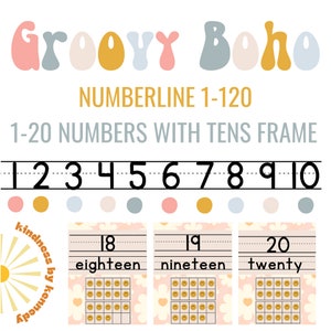 May include: A colorful printable educational chart for kids featuring a number line from 1 to 10, with a groovy boho theme. The chart also includes a tens frame for numbers 18, 19, and 20, with smiley faces representing each number.