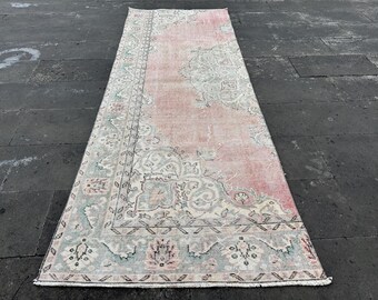 Handmade Pink Turkish Runner Rug – Vintage Hallway Carpet, 3'3 x 8'7 Ft