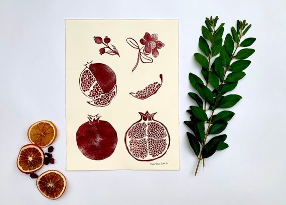 Pomegranate Linocut Print Handmade Block Print Original | Etsy
