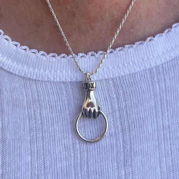Sterling Silver Hand Charm Necklace, Hand Door Knocker Necklace, Hand Holding Ring Necklace, Victorian Hand Necklace, Gifts Idea