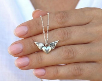 Angel Wings Necklace, Memorial Jewelry, Heart Pendant Necklace, Heart With Wings Necklace, In Memory Of, Memorial Necklace Wings