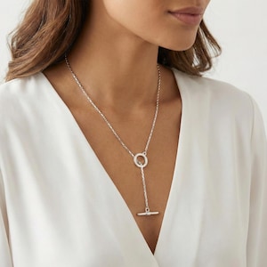Silver Lariat Necklace, T Bar Necklace, Toggle Clasp Necklace, Chain Link Necklace, Y Necklace, Womens Necklace, Mothers Day Gift For Mom