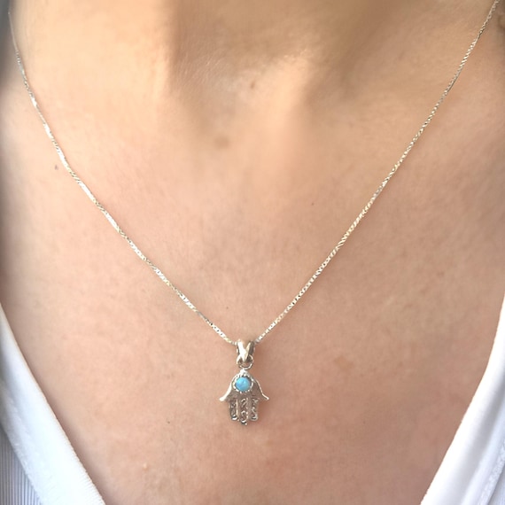 Sterling Silver Hamsa Necklace, Opal Hamsa Necklace, Silver Opal